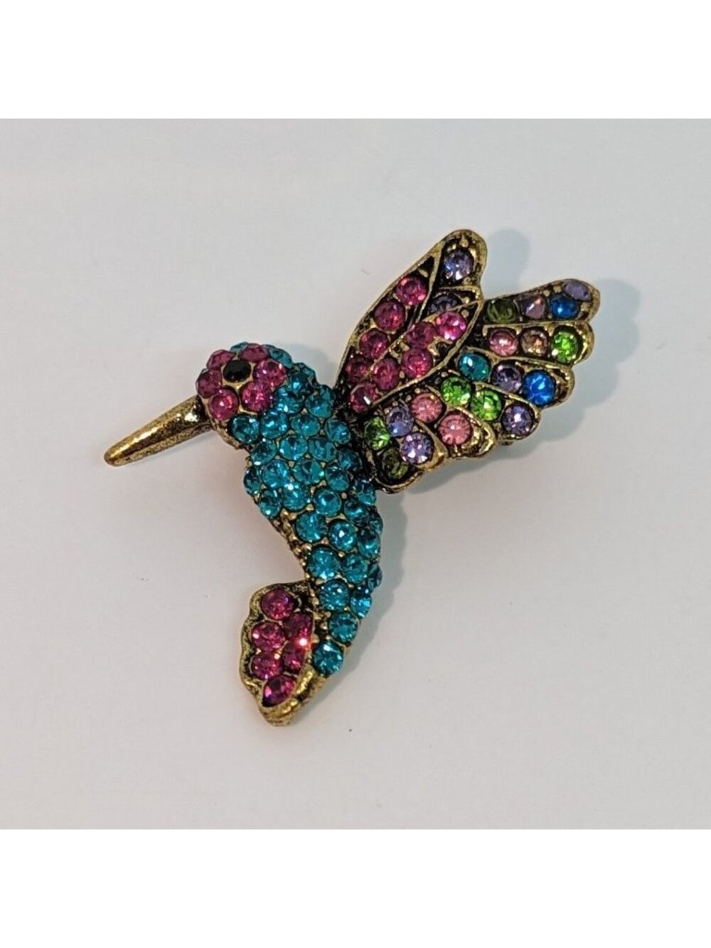 Vintage Hummingbird Brooch With Colorful Rhinestones & Gold-Tone Metal 1.5"